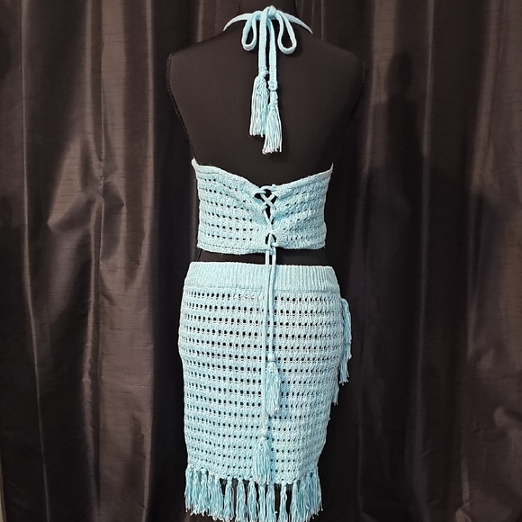 Crochet Halter Top and Skirt Set - Light Teal - Picture 2 of 6